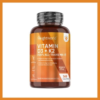 WeightWorld Vitamin D3 + K2 - 365Tabletten - Kalzium für Knochen & Zähne - Vegan