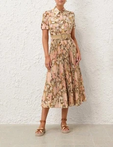 Zimmermann Dress Pop Pleated Belted Shirt Midi SS24 Gold Peach Floral - Picture 1 of 11