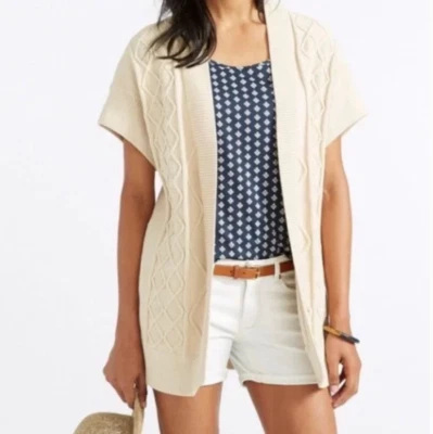 L.L. Bean Signature Fisherman Kimono Cable Knit Cardigan Medium Cream Open front - Image 1 of 4