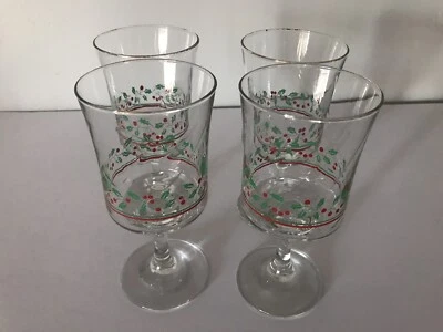 ARBY'S 6 1/2 INCH 12 OUNCE STEMMED WINE CHRISTMAS GLASSES HOLLY BERRY - Image 1 of 4