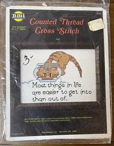 Counted Cross Stitch Kit Cat In Fish Bowl "Most things in Life are easier…” - Picture 1 of 3