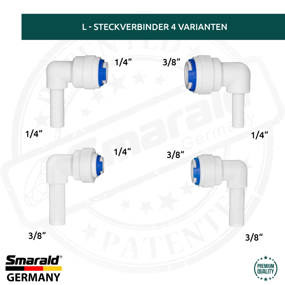 SMARALD® L - Steckverbinder 1/4" bis 3/8" Schlauch Umkehrosmose Wasserfilter Aquarium