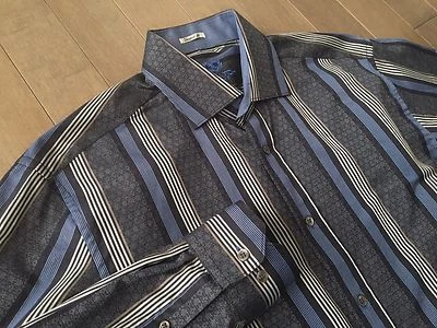 BUGATCHI UOMO ~AJUSTE EN FORMA~ AZUL Vestido Camisa Informal Talla XL Doble Puño Foto 1 de 4