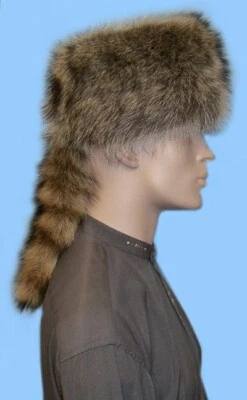 NEW MENS DAVY CROCKETT STYLE RACCOON FUR HAT-24" EARBAND-REMOVABLE TAIL-COONSKIN - Image 1 of 4