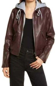Women's Handmade Brown Leather Bomber Biker Jacket With Removable Hood - Picture 1 of 7