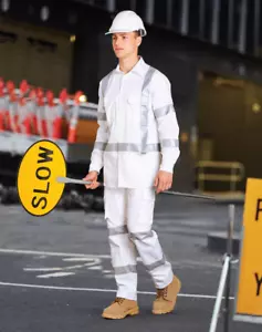 3XL WT09HV HI-VIS WHITE SHIRT LONG SLEEVE NIGHT ROAD WORKER REFLECTIVE TAPE - Picture 1 of 1