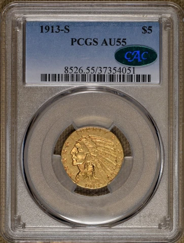 1913-S $5 Indian Head Half Eagle "Error"  PCGS AU55 CAC Wire Struck-Thru date Cover
