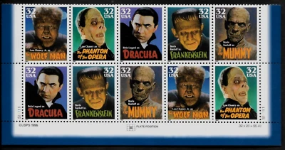 HOLLYWOOD CLASSIC FILMS US 3168-3172 MOVIE MONSTERS 32c MVF 10 STAMP PLATE BLOCK - Image 1 of 2