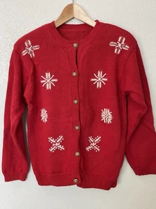 Vintage rot Schneeflocke Perlen Weihnachtspullover Gr. S Strickjacke Strick Pailletten Urlaub - Bild 1 von 8