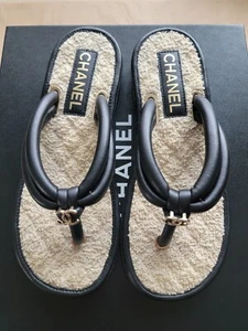 Authentic CHANEL Thongs Lambskin And Tweed Black/Beige Size 36 - Picture 1 of 11
