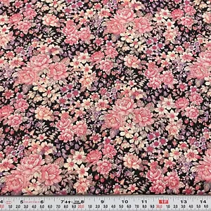 Vintage Joan Kessler for Concord Floral Black Cotton Fabric Remnant 14" x 43" - Picture 1 of 2