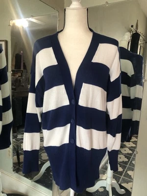 UNITED COLORS OF BENETTON Royal Blue White Striped 100% Cotton  CARDIGAN SWEATER - Image 1 of 4
