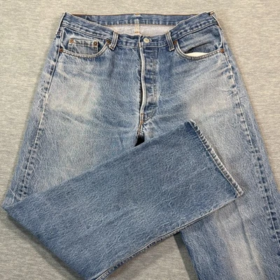 Levi’s Jeans Men 38x34 Blue 501 Straight Button Fly Distressed Vintage USA 35x31 - Image 1 of 4