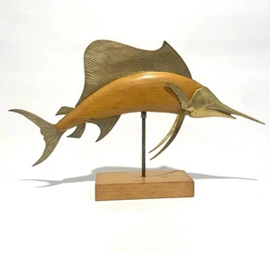 Vtg Large Frederick Cooper MCM Marlin Swordfish Sculpture Wood Brass Beach Decor - Picture 1 of 15