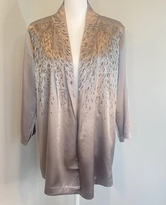 Chico’s NWT Cinder Sunrise Beaded Satin Open Jacket size 2 Large Grey/Taupe - Picture 1 of 19