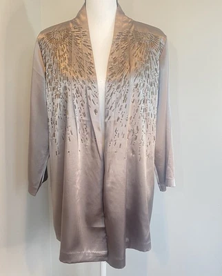Chico’s NWT Cinder Sunrise Beaded Satin Open Jacket size 2 Large Grey/Taupe - Image 1 of 4