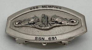 USS Menphis SUBMARINE SSN 691 Silver Tone Belt Buckle Made In The USA VTG - Picture 1 of 7