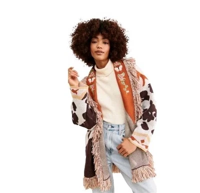 Cárdigan Free People Stellah Boho Flecos Estilo Azteca Occidental Cinturón Talla: Mediana Foto 1 de 4