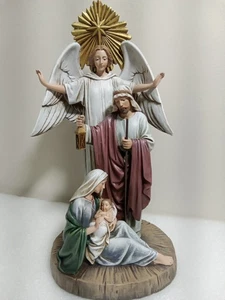 Napco Guardian Angel With Holy Family Wood Look 10"Resin Stone Made For Macys - Picture 1 of 12