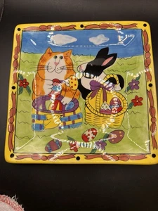 Catzilla Candace Reiter Handpainted Easter Plate 7.75 in Square Bunny and Cat - Picture 1 of 7