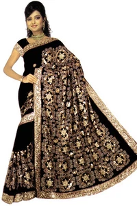 Schwarz Braut Bollywood Pailletten Stickerei Sari Sari Kostüm Boho Danse du Ventre - Bild 1 von 7