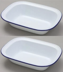 2 Falcon 22cm Oblong Enamel Pie Dish Non Stick Oven Baking Dish White Blue Rim - Picture 1 of 1