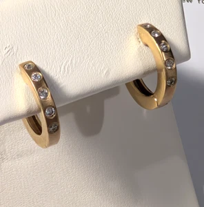 Natural Diamond Huggie Hoop Earrings Small Petite Thin 14K YG - Picture 1 of 8