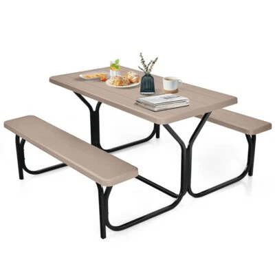HDPE Outdoor Picnic Table Chair Set Bench Set backyard Garden Steel Frame Coffee - Image 1 of 4