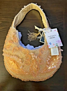 Handcrafted in India Peach Beaded Bag w/ Leaf Floral Design Viral TikTok NEW - Picture 1 of 8