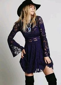 Free People Lace Lovers Folk Song Bell Sleeve Boho Dress Sz 4 - Picture 1 of 5