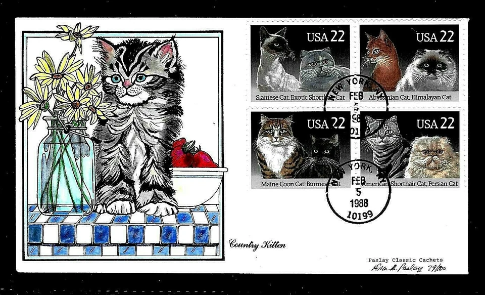 2375A 22c Stamp Set (1988) THE GREAT CAT BREEDS FDC HD/HP BY FRAN B. PASLAY - Image 1 of 1