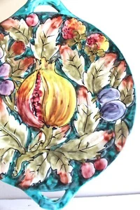 Majolica Plate Italy Platter Tuscan Faience Hand Painted Pomegranate Teal 13 in - Picture 1 of 8