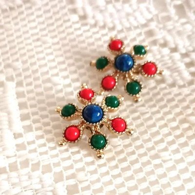 Sarah Coventry Vtg Carnival  Earrings Gold Red Green & Blue Cabochon Clip On - Image 1 of 4