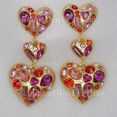 Oscar De La Renta Cz Huge Heart Drop Dangle Post Earrings Pierced Purple Pink - Image 1 of 4