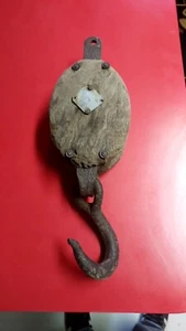 Huge 14" Vtg Antique Steampunk Salvage Decor Wood and Iron Pulley Hook - Picture 1 of 5