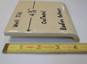 1 pc. Oatmeal: Glossy Ceramic Radius Bullnose tile 4-3/8" Speckled Beige Defects - Picture 1 of 16