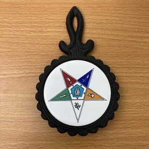 1950's Masonic Order Eastern Star Cast Iron Porcelain Pot Holder Trivet England - Picture 1 of 9