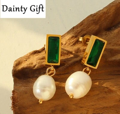 Elegante Pendiente de Titanio para Mujer Acero Inoxidable Verde Circonita Blanca Perla Oro Poste Foto 1 de 4