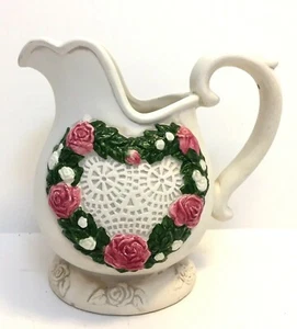 White Ceramic Pitcher Raised Roses Glazed Inside 7" Tall Made in China - Picture 1 of 9