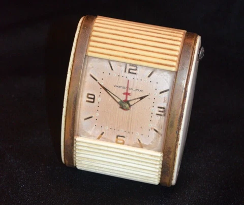 Vtg Westclox Travel Alarm Clock Slide Cream Color Gold Tone 3 1/2" x 2 1/2" Cover