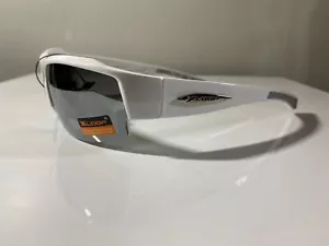 Men's wrap around sunglasses with white frame and gray reflective lenses - Picture 1 of 5