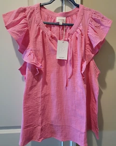 NWT ANDREE By Unit Pink Plus Sz 2X Blouse Ruffle Sleeve Tie Women's Cotton Top  - Picture 1 of 10