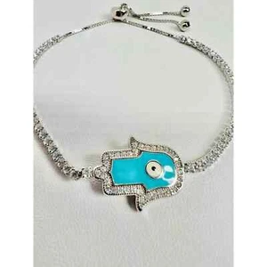 Hamsa Hand Evil Eye Bracelet .925 Silver Adjustable CZ Stones Mano de Fatima NEW - Picture 1 of 2