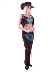 Womens Sexy Range Rider Cowgirl Brown Faux Suede Chaps and Vest Set - Picture 1 of 1