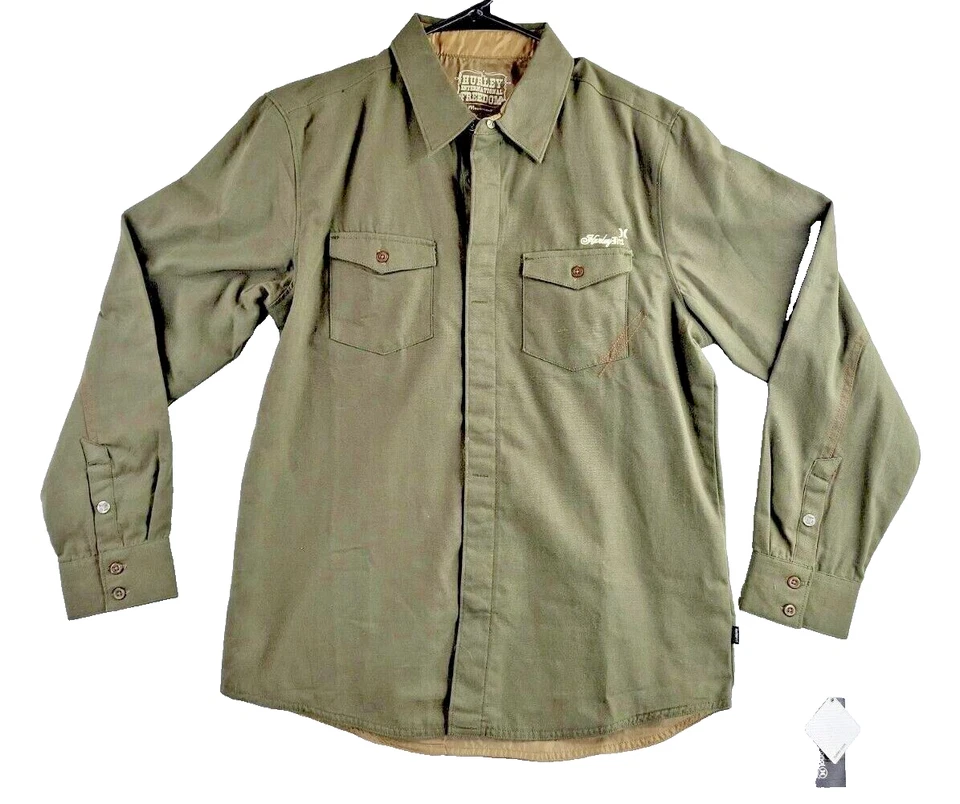 Hurley Freedom Teens Olive Army Green Denim Long Sleeve Shirt Boys XL - Image 1 of 4