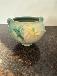 Rare VTG 1938 Art Deco Roseville Pottery Yellow Green Pink Poppy Vase Bowl 642-3 - Picture 1 of 7