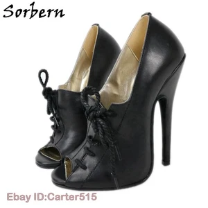 Moda Mujeres Zapatos de salón con cordones 16 cm Tacones de aguja Puntera abierta Negro Mate Personalizado - Imagen 1 de 19