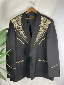 Scully Blazer Jacket Mens Size 52 Embroidered Floral Smile Pockets Western Black - Picture 1 of 21