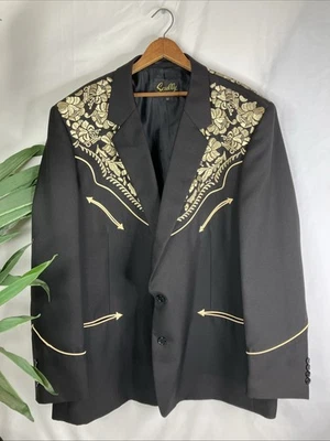 Scully Blazer Jacket Mens Size 52 Embroidered Floral Smile Pockets Western Black - Image 1 of 4