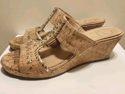 Sandalias Jack Rogers "Nora" de cuero con estampado de corcho dorado Whipstitch talla 9,5 Ret $128 Foto 1 de 4
